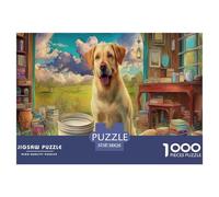 Puzzle di Labrador Retriever da 1000 Pezzi Carta Riciclata Cucciolo Giallo Accanto a Secchio Scenario Interno-esterno per Adulti Sfida Difficile Gioco Educativo Attività Domestica 38x26cm