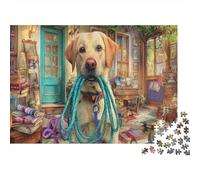 Puzzle di Labrador Retriever da 1000 Pezzi Carta Riciclata Labrador Giallo con Guinzaglio Scenario di Stanza Viva per Adulti Sfida Difficile Gioco Educativo Ottima Idea Regalo 52x38cm