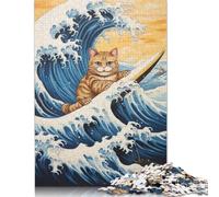 Puzzle di onde giapponesi con gatto che fa surf per adulti, 1000 pezzi, puzzle in legno per adulti e adolescenti, decorazione per la casa, giocattoli puzzle 1000 pezzi (75x50 cm)