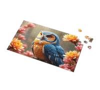 Puzzle di Pasqua per bambini con gufo blu e arancione tra fiori in fiore, puzzle per bambini, 300 pezzi per adulti (500 pezzi)
