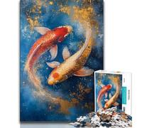 Puzzle di pesci koi rossi e gialli per adolescenti, 1000 pezzi, difficili da completare ma divertenti e umoristici, con poster abbinato e foglio di quiz (75x50cm)