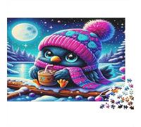 Puzzle di Pinguino 1000 pezzi Pinguino con cappello che tiene una tazza in una scena innevata e illuminata dalla luna Gioco educativo impegnativo, Attività in casa 70x50cm/1000 pezzi