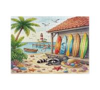 Puzzle di procione estivo da spiaggia per adulti, 500 pezzi, puzzle in legno tropicale costiero sulla spiaggia, divertente decorazione con animali per l'intrattenimento domestico