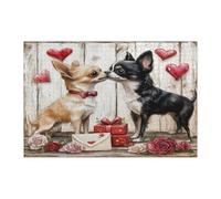 Puzzle di San Valentino con cane chihuahua per adulti, 1000 pezzi, puzzle in legno rustico con coppia di cuccioli, decorazioni stampate con animali domestici per feste di intrattenimento