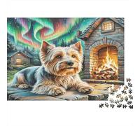 Puzzle di Soft Coated Wheaten Terrier, 1000 Pezzi, Yorkie vicino al Fuoco del Chalet con Sfondo di Cielo Aurora, Sfida Molto Difficile, Gioco Educativo, Idea Regalo, 70x50cm/1000pcs