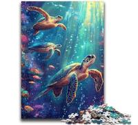 Puzzle di tartarughe sul fondale marino per adolescenti, antistress per ammazzare il tempo durante le vacanze, con poster abbinato e foglio di quiz (38x26cm)