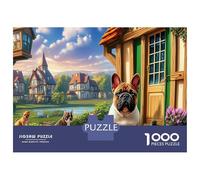 Puzzle di Terrier di Boston da 1000 Pezzi, Carta Riciclata, Bulldog Francese in Ambientazione di Villaggio Vivace, per Adulti, Gioco Educativo Antistress, Gioco di Famiglia, Regalo, 70x50cm