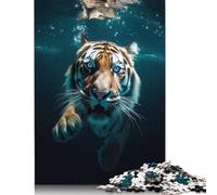 Puzzle di tigre che si tuffa nell'acqua blu, puzzle di carta rettangolare ad incastro preciso per bambini o bambine, regali di Natale 1000 pezzi (75x50 cm)