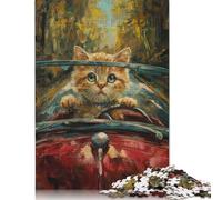Puzzle di un simpatico gattino con una macchina cabriolet, livello difficile, in cartone riciclato al 100%, per donne e uomini, regalo per la festa del papà, 1000 pezzi (75x50 cm)