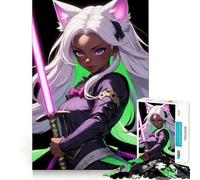 Puzzle di una ragazza anime con orecchie da gatto e spada,1000 pezzi facili da riordinare,senza sbavature,con tagli precisi,portatile e adatto ai viaggi (38x26cm)
