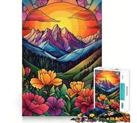 Puzzle di vetrate colorate con tramonto in montagna per adolescenti, 1000 pezzi, rompicapo, antistress, taglio di alta qualità, (50x75cm)