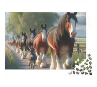 Puzzle Difficile 1000 Pezzi per Adulti con Cavalli Clydesdale in Marcia, Cavalli Strada Campagna, Premium Spesso Resistente Alta Qualità Vivace Sfidante Antistress 52x38cm/1000pz