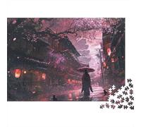 Puzzle Difficile 1000 Pezzi per Adulti con Via dei Fiori di Ciliegio, Samurai Fiori di Ciliegio Via Piovosa Lanterne, Premium Spesso Resistente Alta Qualità Vivace Sfidante Antistress 70x50cm/1000pz