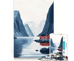 Puzzle difficile "Cabine rosse nel fiordo" per adulti, 1000 pezzi, rompicapo rilassante, arte da assemblare, regalo speciale (50x75cm)