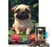 Puzzle difficile con cane carlino e rana su ninfee, 1000 pezzi, gioco intelligente da fare a casa, divertente da assemblare, regalo festivo (50x75cm)