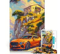 Puzzle difficile da 1000 pezzi con immagine di un'auto arancione vicino alla villa sulla scogliera, per adulti Gioco interattivo da fare a casa, divertente da assemblare, regalo festivo (50x75cm)