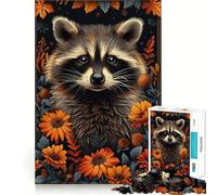 Puzzle difficile da 1000 pezzi con ritratto di procione e fiori per adulti, migliora la memoria, rilassa la mente, bordi netti, regalo elegante (38x26cm)