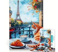 Puzzle difficile per adulti "Balcone parigino con gatto e croissant", 1000 pezzi, gioco di logica, ideale per momenti di condivisione, bordi trasparenti, regalo perfetto (38x52cm)