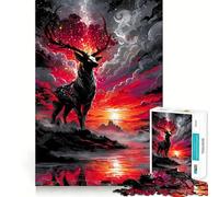 Puzzle difficile per adulti con cervo mistico in un paesaggio rosso, 1000 pezzi, gioco di logica, divertimento rilassante, opera d'arte ben definita (38x52cm)