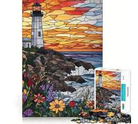 Puzzle difficile per adulti con faro e tramonto in vetro colorato, 1000 pezzi, gioco intelligente, divertimento casual, taglio preciso, regalo artistico 38x26cm