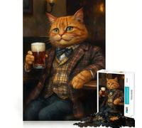 Puzzle difficile per adulti con gatto soriano arancione in un pub che tiene in mano una birra 1000 pezzi gioco di logica solido semplice e divertente taglio di precisione regalo di Natale (38x26cm)