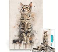 Puzzle difficile per adulti con gatto tigrato ad acquerello, 1000 pezzi, per rafforzare la memoria, alleviare lo stress, bordo di alta qualità, opera d'arte 38x52cm