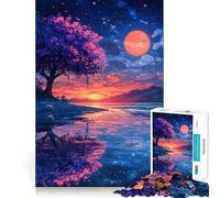 Puzzle difficile per adulti con lago al tramonto e albero di ciliegio in fiore, 1000 pezzi, gioco di logica, legame familiare, taglio di precisione, calda sorpresa 38x52cm