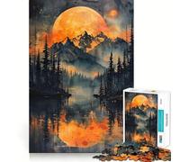 Puzzle difficile per adulti con luna arancione sopra le montagne, 1000 pezzi, memory foam, facile da assemblare, immagine rilassante, regalo artistico (38x52cm)