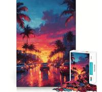 Puzzle difficile per adulti con paesaggio urbano al tramonto e palme, 1000 pezzi, gioco di logica, legame familiare, taglio di precisione, calda sorpresa 38x52cm