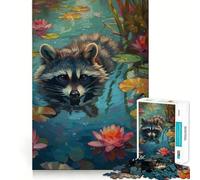 Puzzle difficile per adulti con procione nello stagno delle ninfee, 1000 pezzi, puro gioco di logica, attività per la casa, taglio netto, grazioso regalo (50x75cm)