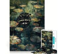 Puzzle difficile per adulti con procione nello stagno di ninfee, 1000 pezzi, migliora la memoria, rilassa la mente, bordi netti, regalo elegante (38x52cm)