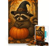 Puzzle difficile per adulti con procione, strega e zucca in autunno, 1000 pezzi, migliora la memoria, rilassa la mente, bordi netti, regalo elegante (38x26cm)