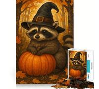 Puzzle difficile per adulti con procione, strega e zucca in autunno, 1000 pezzi, puro gioco di logica, attività domestica, taglio netto, bel regalo (38x52cm)