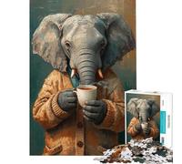 Puzzle difficile per adulti da 1000 pezzi con elefante in cardigan che beve caffè Attività divertenti da fare a casa montaggio del modello giocattolo antistress per ragazzi dai 14 anni in su (50x75cm)