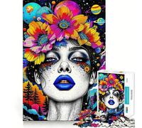 Puzzle difficile per adulti da 1000 pezzi con immagine di donna psichedelica con corona di fiori e pianeti, facile da assemblare, ideale per il tempo libero (50x75cm)