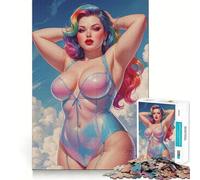 Puzzle difficile per adulti da 1000 pezzi con pin-up dai capelli arcobaleno, abito iridescente e sfondo di nuvole, gioco di logica puro, attività per la casa, taglio netto, regalo adorabile (38x26cm)