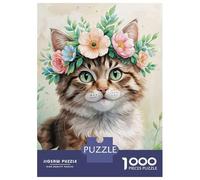 Puzzle Difficile Per Adulti Da 1000 Pezzi Cute Cat with Flower Crown Watercolor Puzzle Per Adulti Giochi Per Famiglie Corsa Di Velocità Manuale Sfida Da Completare 70x50cm/1000pcs
