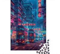 Puzzle Difficile Per Adulti Da 1000 Pezzi Neon Cityscape with Trams Puzzle Per Adolescenti Gioco Per Famiglie Vacanza A Casa Passatempo Impegnativo Da Completare 52x38cm/1000pcs
