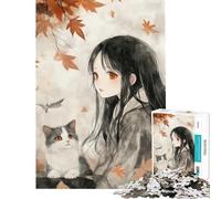 Puzzle difficile per adulti da 1000 pezzi ragazza anime con gatto in autunno sfida impegnativa decorazione per la casa gioco per famiglie dai 14 anni in su (50x75cm)
