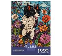 Puzzle Difficile Per Adulti Da 1000 Pezzi Stained Glass Dog in Flowers Puzzle Per Adulti Gioco Rompicapo Analisi E Logica Regali Per Amici E Familiari 52x38cm/1000pcs