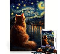 Puzzle difficile per adulti "Gatto arancione sotto una notte stellata", 1000 pezzi, memory foam, facile da assemblare, immagine rilassante, regalo artistico (38x52cm)