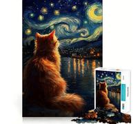 Puzzle difficile per adulti "Gatto arancione sotto una notte stellata", 1000 pezzi, memory foam, facile da assemblare, immagine rilassante, regalo artistico (38x52cm)