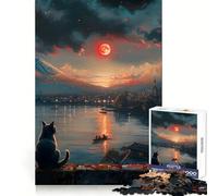 Puzzle difficile per adulti "Gatto che guarda il tramonto sul Giappone",1000 pezzi,stimola la memoria,ideale per il relax,con bordi nitidi,perfetto come regalo di Natale (38x52cm)