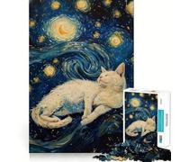 Puzzle difficile per adulti "Notte stellata - Gatto bianco" da 1000 pezzi, ideale per il relax e il divertimento, con dettagli nitidi e unici 38x26cm