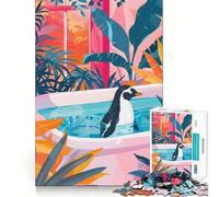 Puzzle difficile per adulti "Pinguino nella vasca da bagno con piante tropicali", 1000 pezzi, gioco di logica, divertimento rilassante, dettaglio pulito, opera d'arte (50x75cm)
