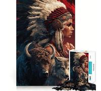 Puzzle difficile per adulti raffigurante una donna nativa americana un bisonte e un lupo 1000 pezzi gioco di logica stimolante ideale per momenti di condivisione bordi trasparenti regalo perfetto