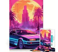 Puzzle difficile Synthwave Retro Car Sunset per adulti, 1000 pezzi, per rafforzare la memoria, alleviare lo stress, bordo di alta qualità, opera d'arte 38x26cm