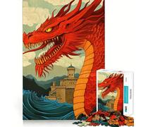 Puzzle Drago Rosso e Castello per adulti, 1000 pezzi, gioco intelligente, tranquillo, con un motivo rilassante da assemblare, (38x52cm)