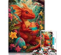 Puzzle Drago Rosso e Uovo di Pasqua 1000 Pezzi per Adulti, Giocattoli Educativi per l'Apprendimento, Giochi per Famiglie con Poster Abbinato e Foglio di Quiz 38x26cm