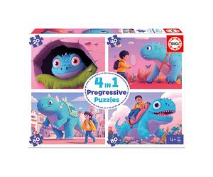 PUZZLE EDUCA Dinosauri Amichevoli 4in1 - 20, 40, 60, 80 Pezzi in Cartone per Bambini 4+